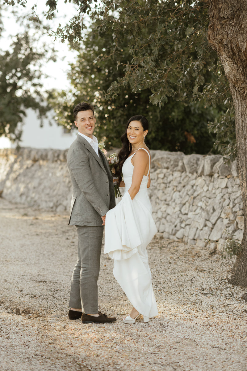 Julie & Shane: A Modern Bridal Look with Pearl Earrings and Elegant Back Necklace
